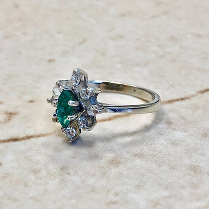 Vintage 14 Karat White Gold Natural Emerald & Diamond Halo Ring - Cocktail Ring - Genuine Gemstone - Birthday Gift