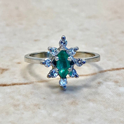 Vintage 14 Karat White Gold Natural Emerald & Diamond Halo Ring - WeilJewelry
