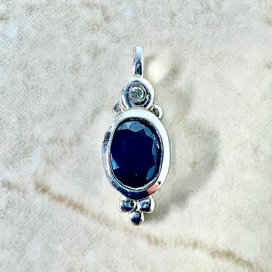 Vintage 14 Karat White Gold Oval Blue Sapphire Solitaire Pendant - WeilJewelry