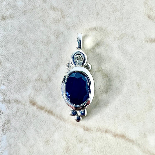 Vintage 14 Karat White Gold Oval Blue Sapphire Solitaire Pendant - WeilJewelry