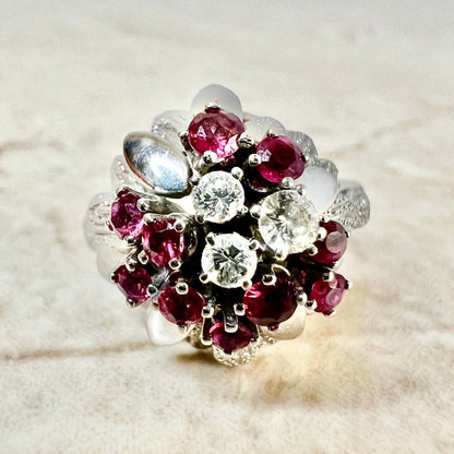 14K Vintage Diamond & Ruby Cocktail Ring - White Gold Ruby Ring - Ruby Cluster Ring -April July Birthstone-Christmas Gift-Best Gifts For Her