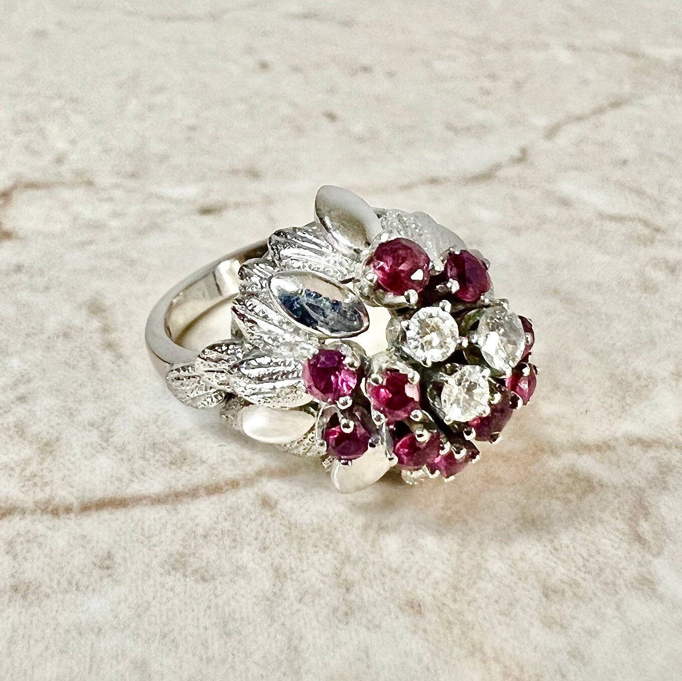 14K Vintage Diamond & Ruby Cocktail Ring - White Gold Ruby Ring - Ruby Cluster Ring -April July Birthstone-Christmas Gift-Best Gifts For Her