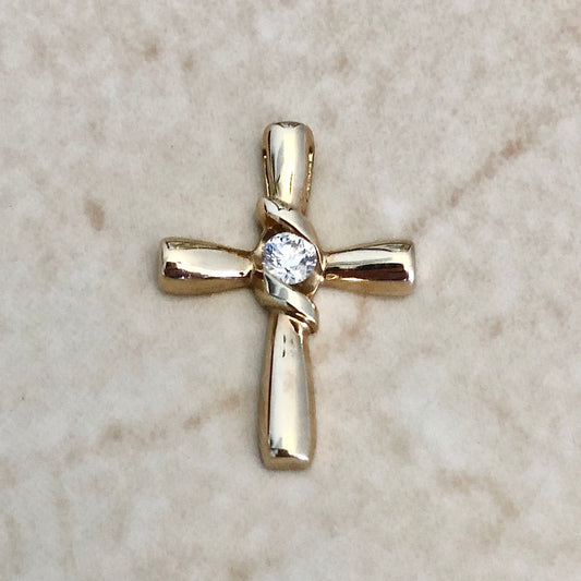 Vintage 14K Diamond Solitaire Cross Pendant Necklace - Yellow Gold Diamond Pendant - Religious Jewelry - Christmas Gift For Her