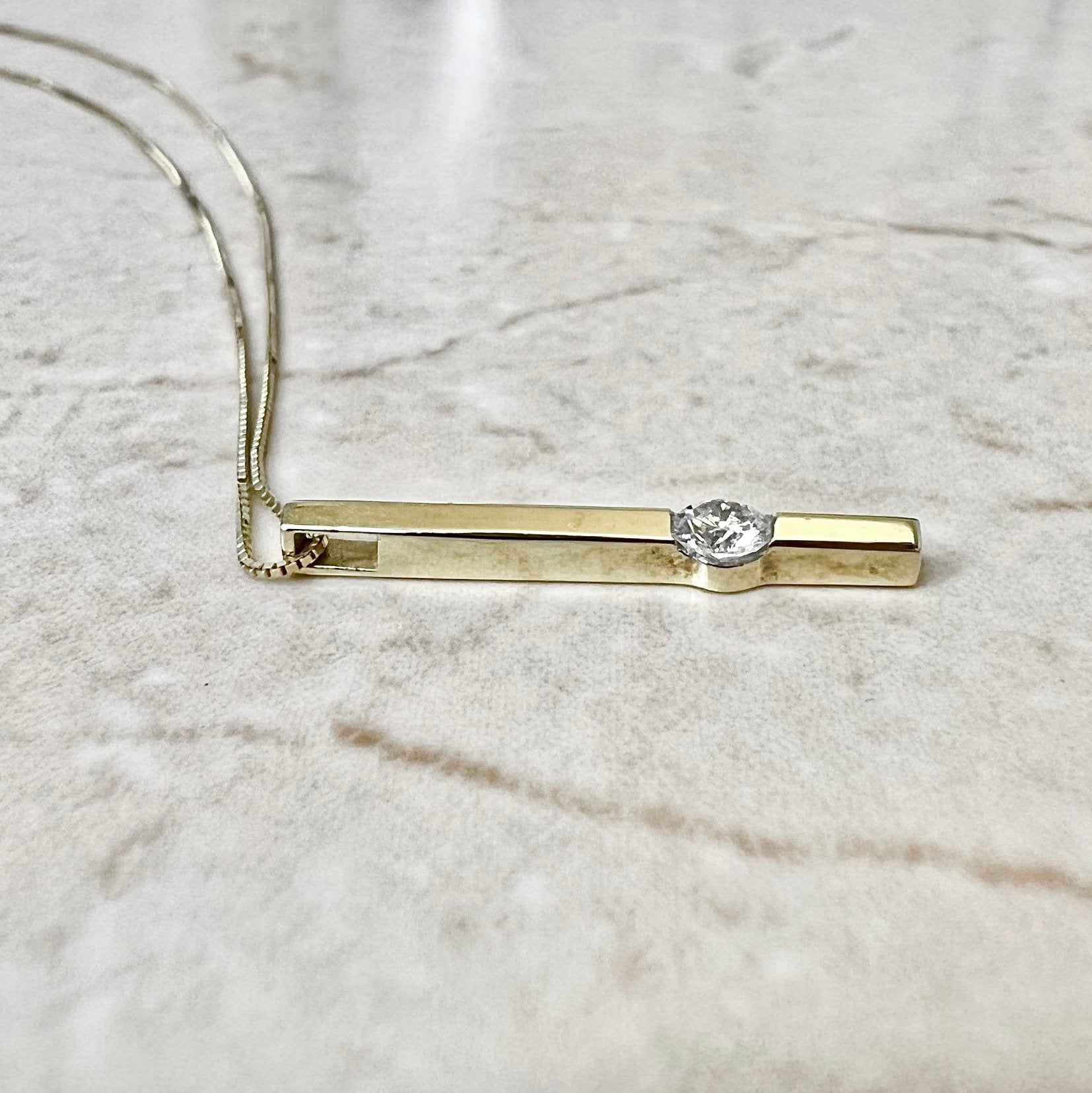 Vintage 14K Diamond Solitaire Pendant Necklace - Yellow Gold Bar Diamond Necklace - Diamond Pendant - Birthday Gift - Best Gift For Her
