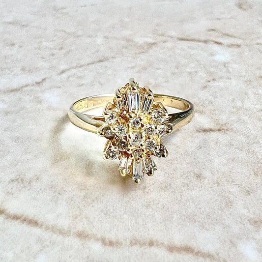 Vintage 14K Diamond Cluster Ring - Yellow Gold Diamond Cocktail Ring - Anniversary Ring - Navette Ring - Birthday Gift - Best Gifts For Her