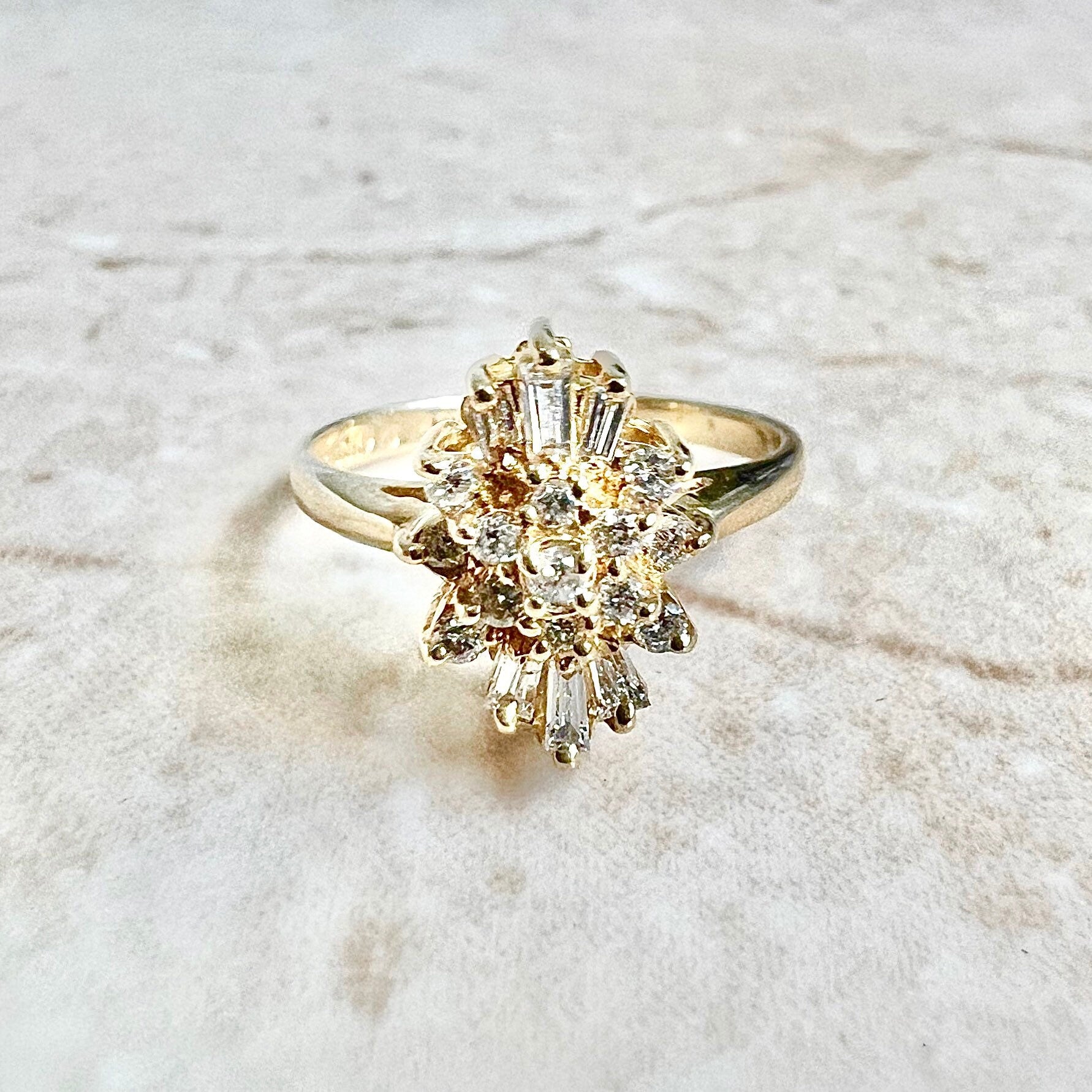 Vintage 14K Diamond Cluster Ring - Yellow Gold Diamond Cocktail Ring - Anniversary Ring - Navette Ring - Birthday Gift - Best Gifts For Her