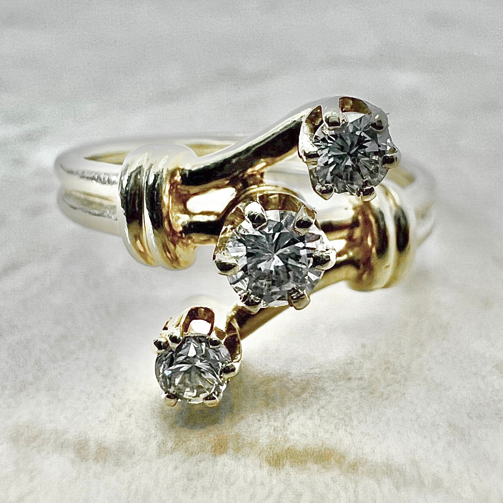 Vintage 14K 3 Stone Diamond Ring - Yellow Gold Diamond Cocktail Ring - Anniversary Ring - Promise Ring - Statement Ring - Best Gift For Her