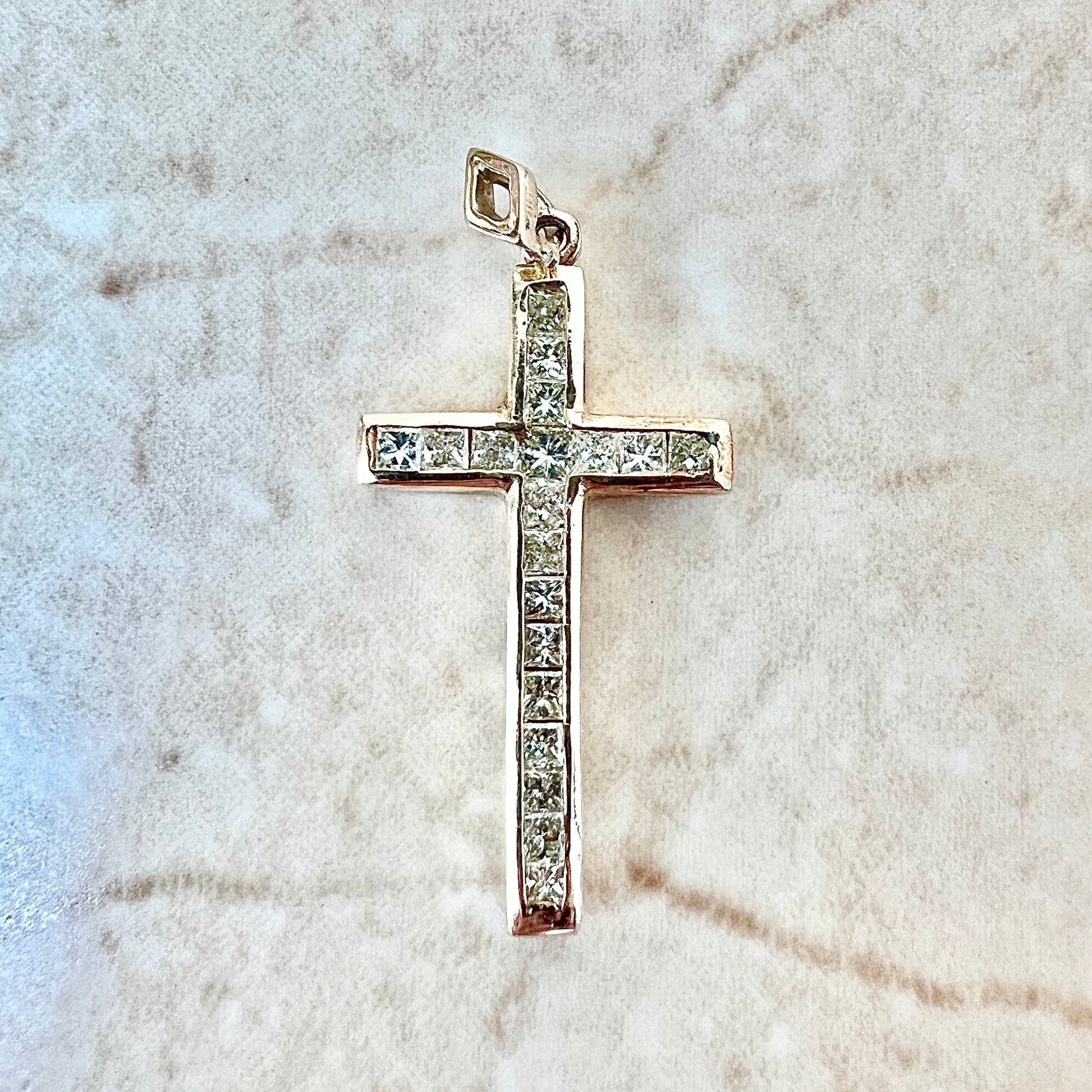Vintage 14 Karat Yellow Gold 0.75 Carat Princess Cut Diamond Cross Pendant - WeilJewelry