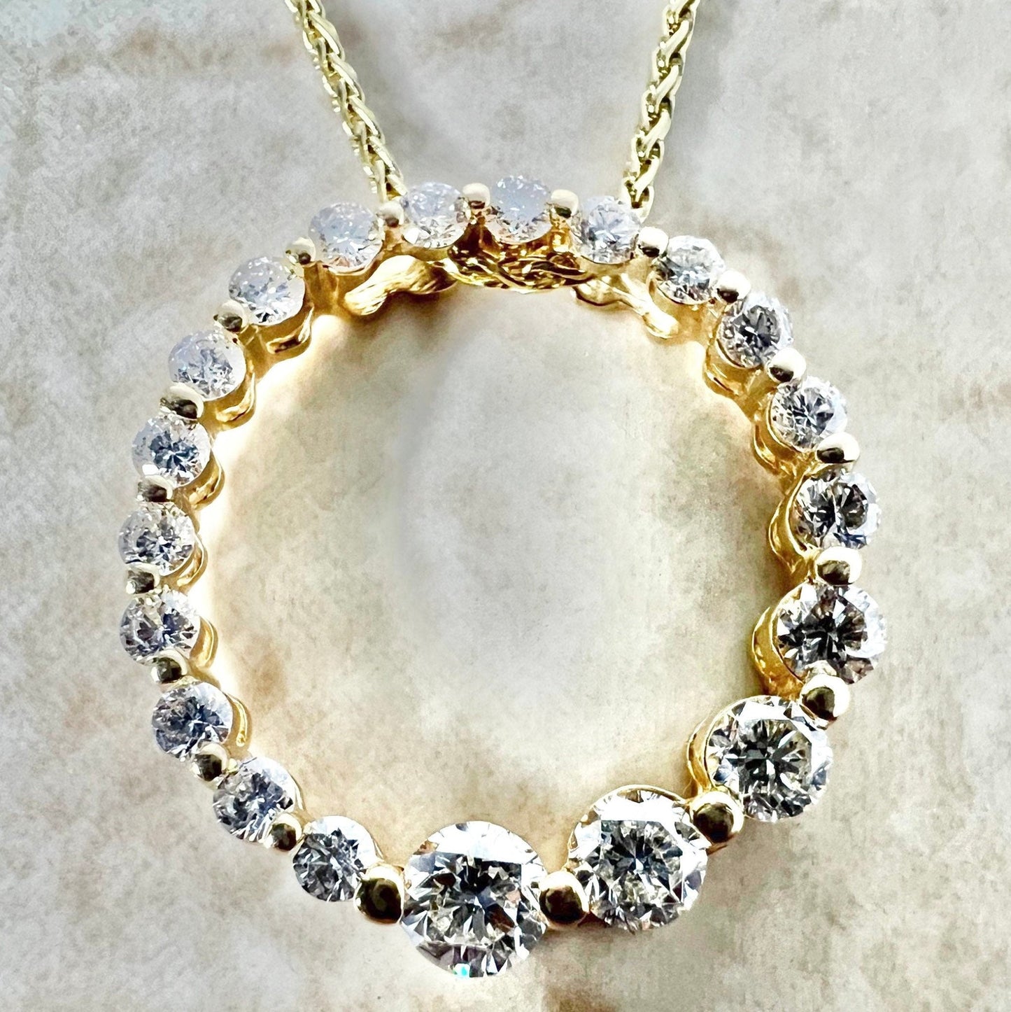 14K Diamond Circle Pendant Necklace 1 CT - Yellow Gold Diamond Pendant - Circle Diamond Necklace - Circle Necklace - Graduated Necklace