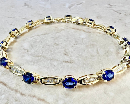 Vintage 14K Sapphire And Diamond Bracelet - 14 Karat Yellow Gold Sapphire Bracelet - September Birthstone - Line Bracelet -Best Gift For Her
