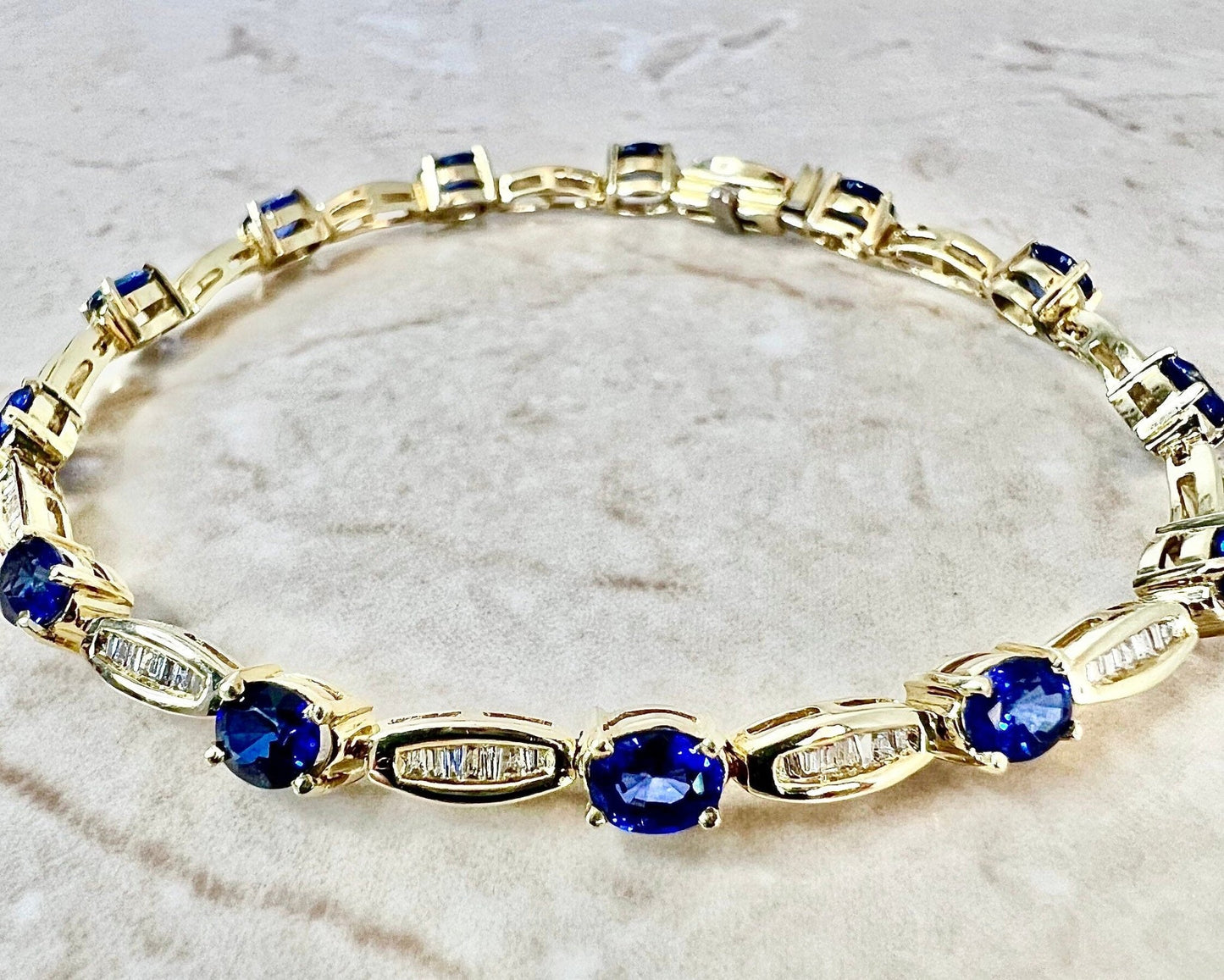 Vintage 14K Sapphire And Diamond Bracelet - 14 Karat Yellow Gold Sapphire Bracelet - September Birthstone - Line Bracelet -Best Gift For Her