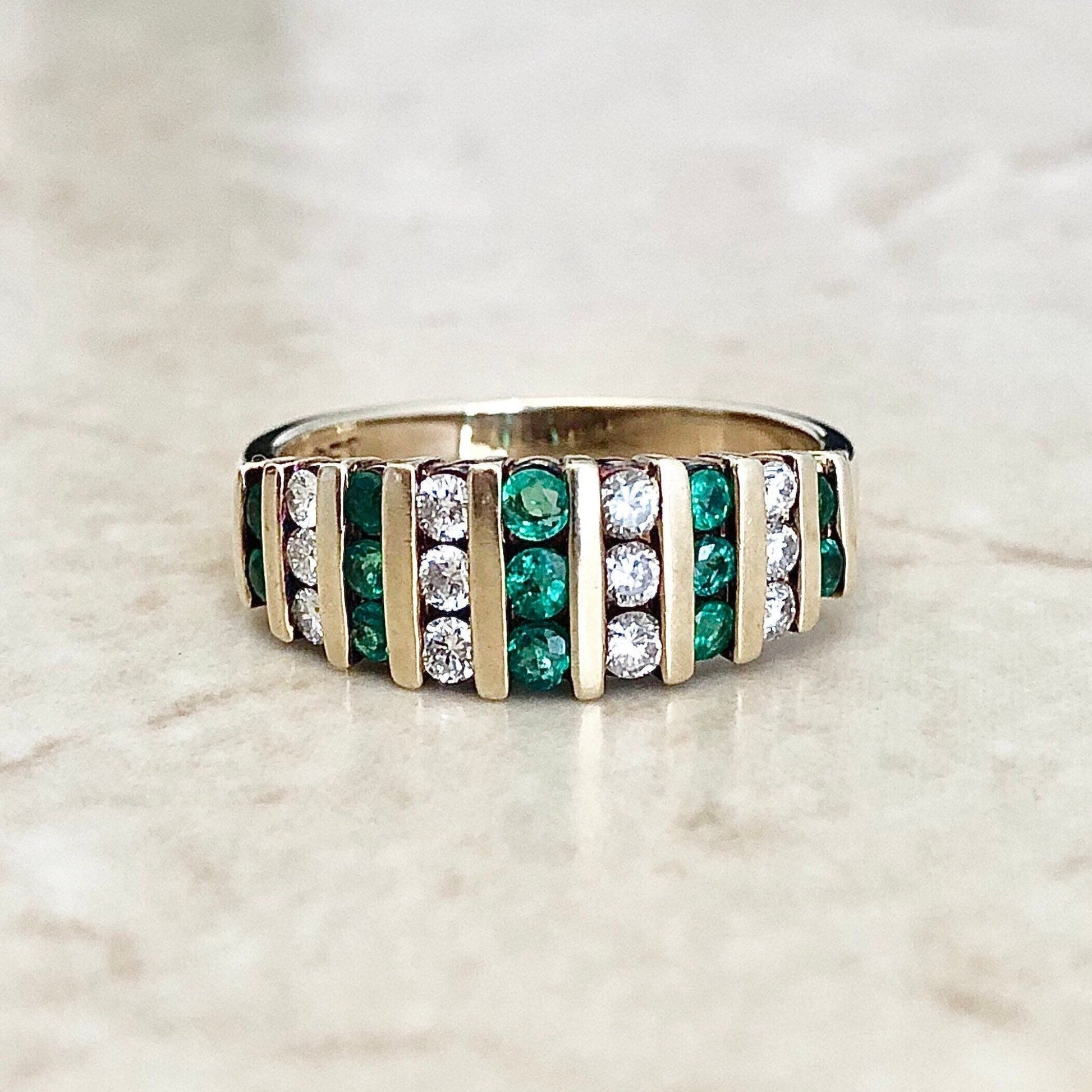 Vintage Natural Emerald & Diamond Cocktail Ring - 14K Yellow Gold - Genuine Gemstone - Size 6.75 - Avril May Birthstone - Birthday Gift