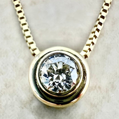 Vintage 14K Diamond Solitaire Necklace - Yellow Gold Diamond Bezel Necklace -Diamond Necklace -Solitaire Pendant Necklace -Best Gift For Her