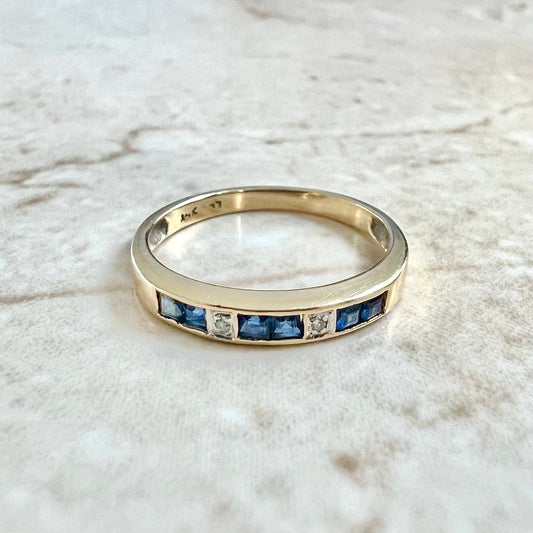 Vintage 14K Diamond & Sapphire Band Ring - Yellow Gold Blue Sapphire Ring - September Birthstone Ring - Anniversary Ring - Gifts For Her
