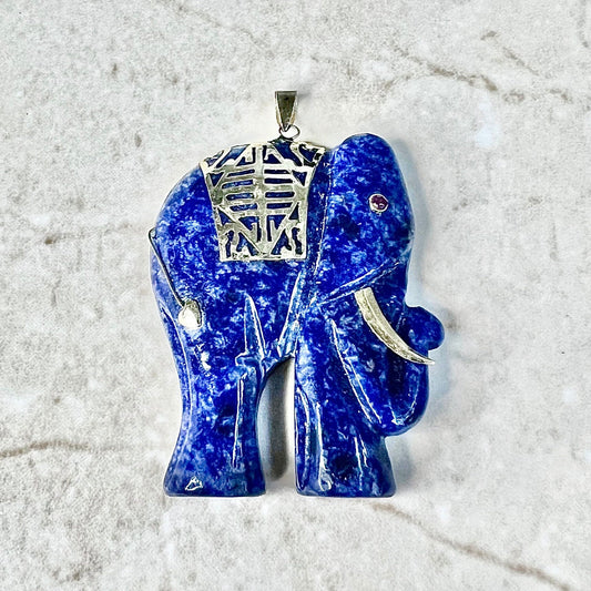 Fine Vintage 14K Lapis Lazuli Elephant Pendant - Yellow Gold Elephant Necklace - Gold Lapis Pendant - Carved Lapis Elephant Pendant Necklace