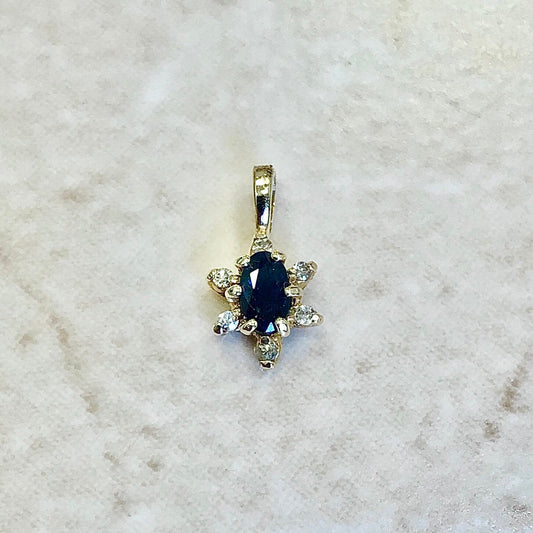 Vintage 14 Karat Yellow Gold Dark Blue Sapphire & Diamond Pendant - WeilJewelry