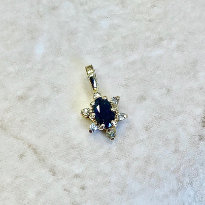 Vintage 14 Karat Yellow Gold Dark Blue Sapphire & Diamond Pendant - WeilJewelry