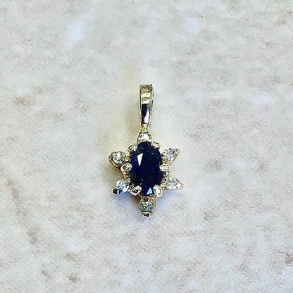 Vintage Sapphire & Diamond Halo Pendant Necklace - 14K Yellow Gold - Sapphire Flower Necklace - September Birthstone - Birthday Gift