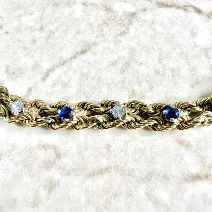Vintage 14 Karat Yellow Gold Diamond & Blue Sapphire Rope Chain Bracelet - WeilJewelry
