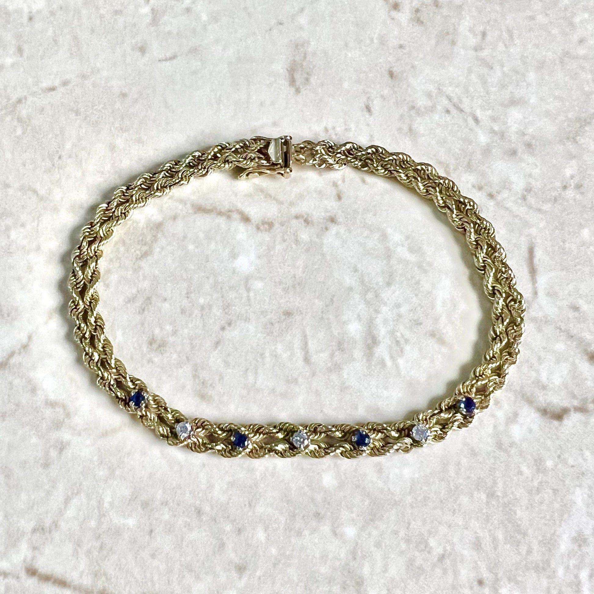 Vintage 14 Karat Yellow Gold Diamond & Blue Sapphire Rope Chain Bracelet - WeilJewelry