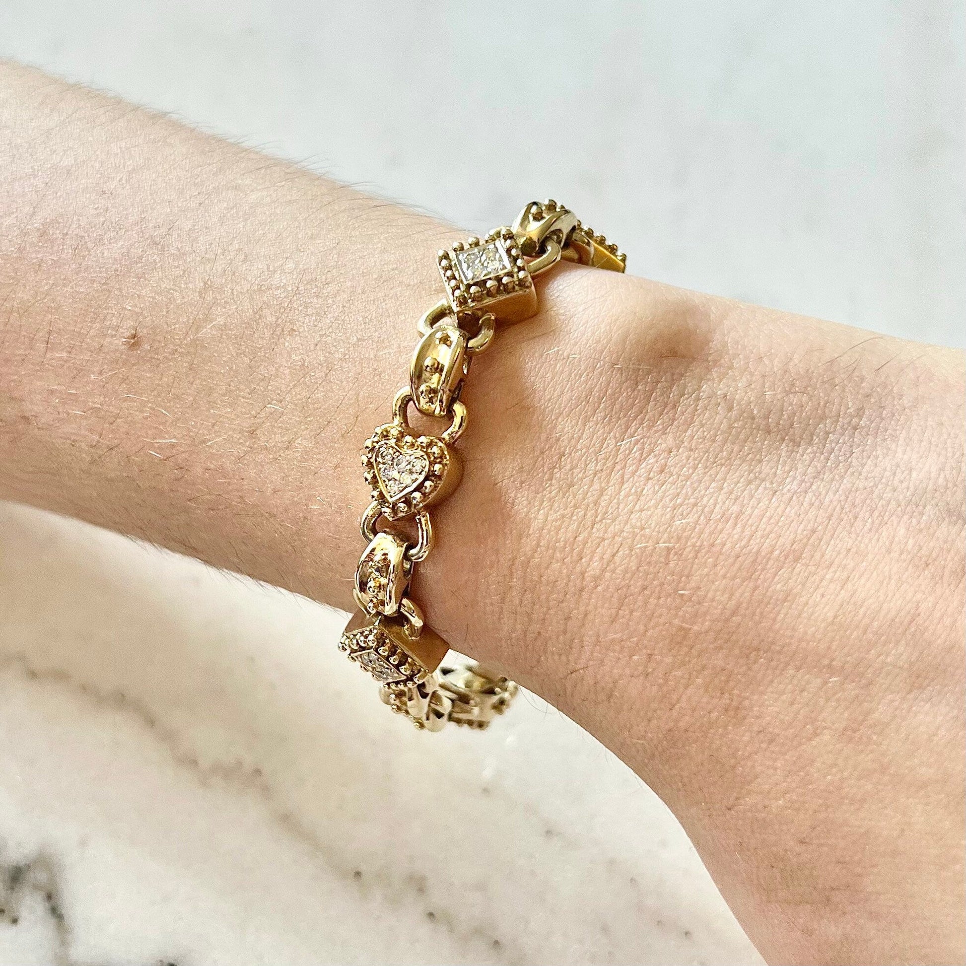 Vintage 14K Heart Diamond Bracelet - Yellow Gold Link Bracelet - Love Bracelet - Heart Bracelet - Valentine’s Day Gift - Best Gifts For Her