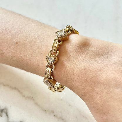 Vintage 14K Heart Diamond Bracelet - Yellow Gold Link Bracelet - Love Bracelet - Heart Bracelet - Valentine’s Day Gift - Best Gifts For Her