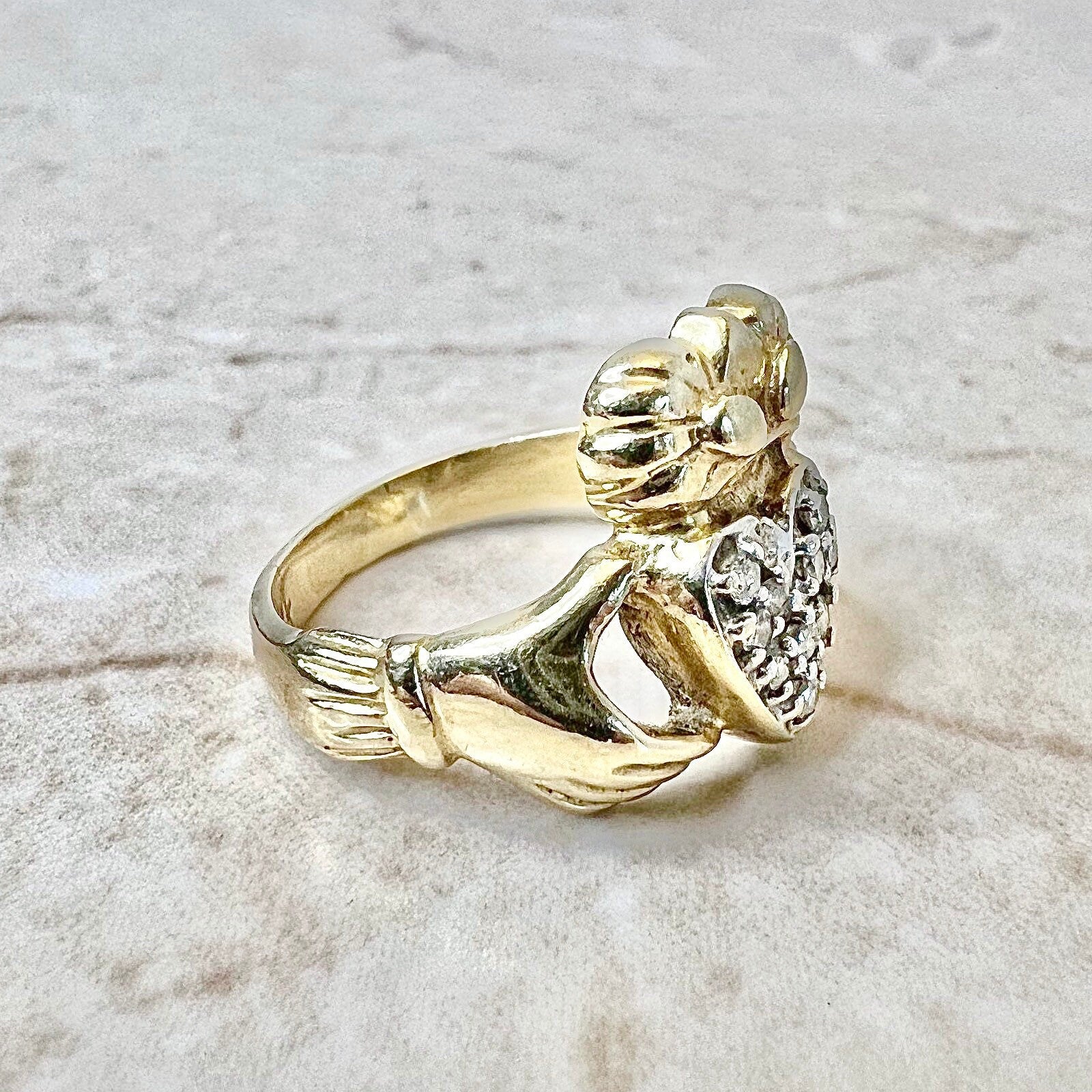 Vintage 14 Karat Yellow Gold Diamond Claddagh Ring - WeilJewelry