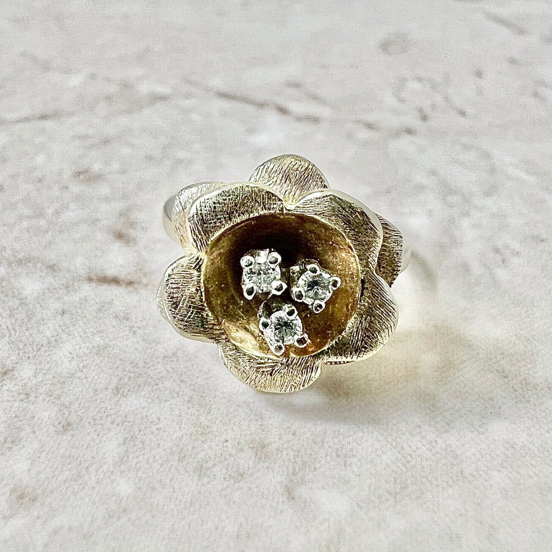 Vintage 14K Diamond Flower Cocktail Ring - Yellow Gold Diamond Ring - Statement Ring - Birthday Gift - Christmas Gift - Holiday Gift