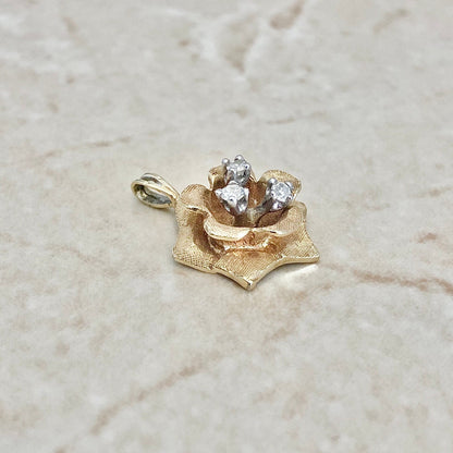 Vintage 14K Diamond Flower Pendant Necklace - 2 Tone Gold - Yellow & White Gold - Diamond Necklace - Bridal Diamond Jewelry - Birthday Gift