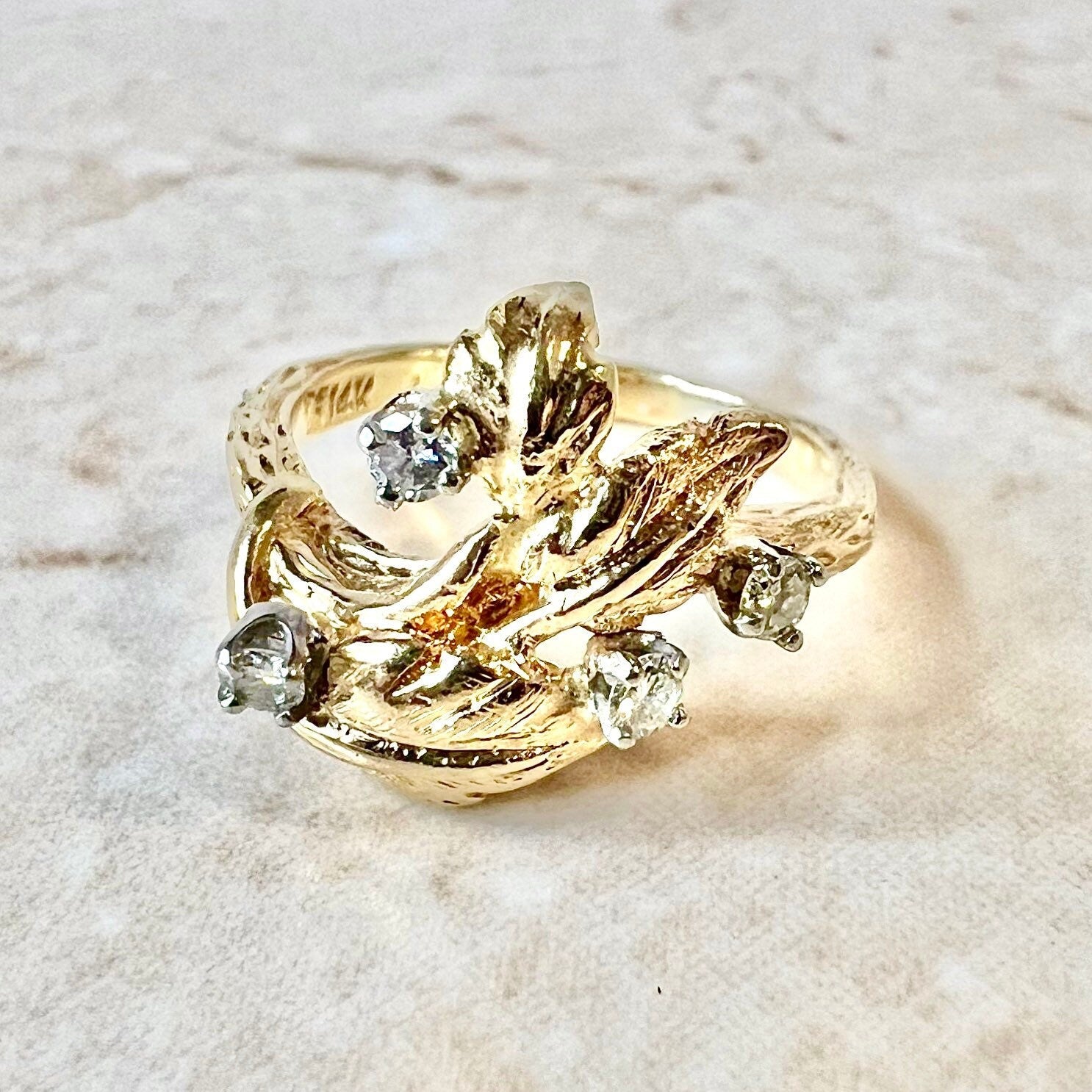 Vintage 14K Diamond Leaf Cocktail Ring - Yellow Gold Diamond Ring - Statement Ring - Gold Floral Ring - Christmas Gifts For Her-Holiday Gift