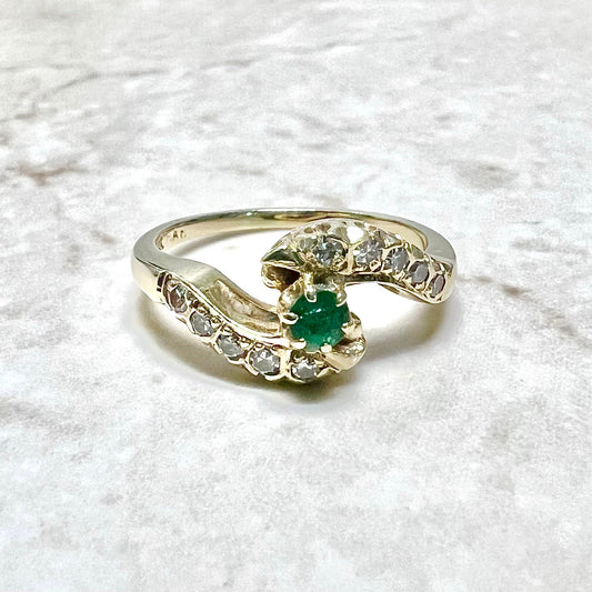 Vintage 14 Karat Yellow Gold Diamond & Natural Emerald Solitaire Ring - WeilJewelry