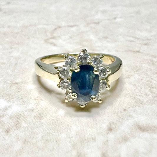 Vintage 14 Karat Yellow Gold Diamond & Natural Sapphire Halo Ring - WeilJewelry