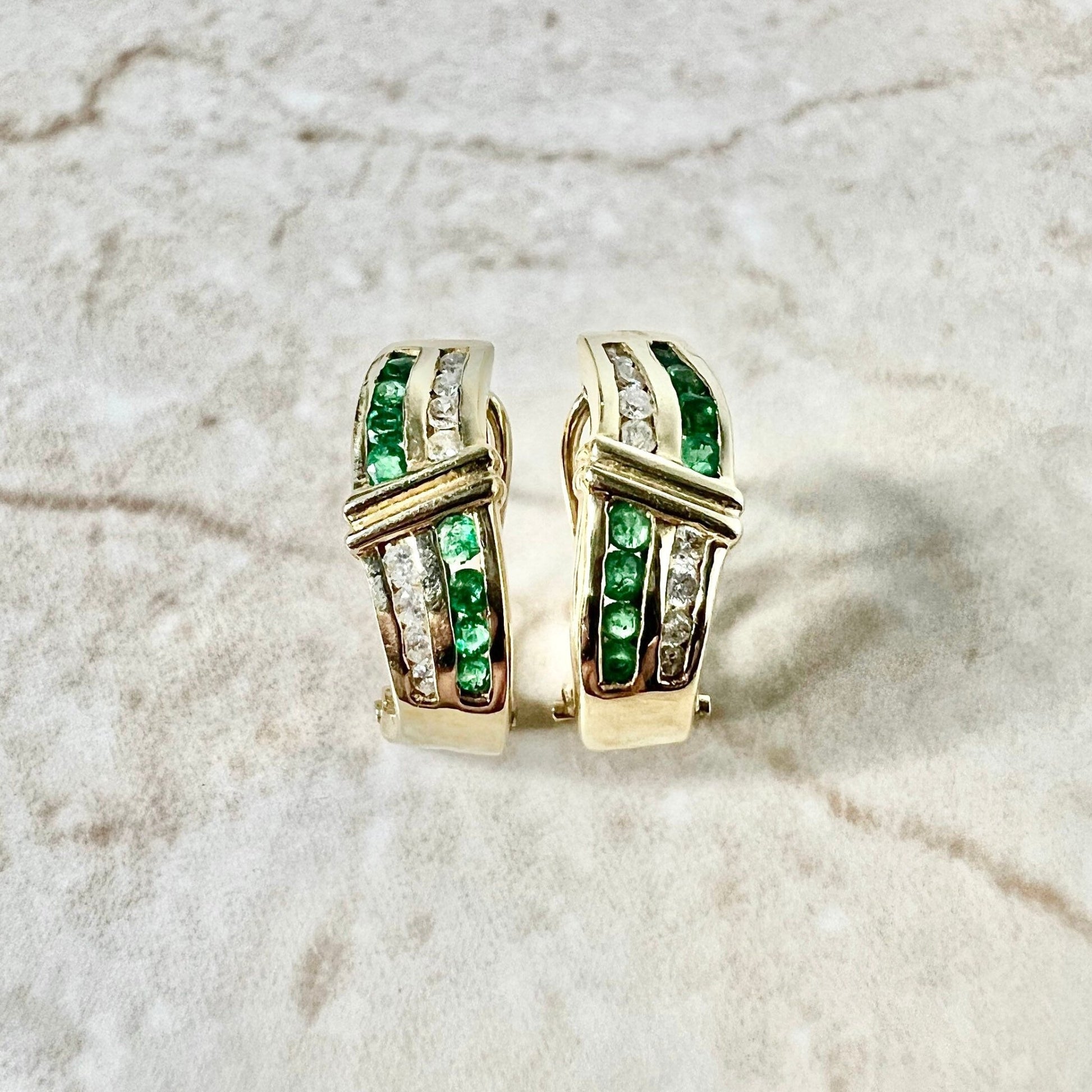 Vintage 14 Karat Yellow Gold Emerald & Diamond Huggie Earrings - WeilJewelry