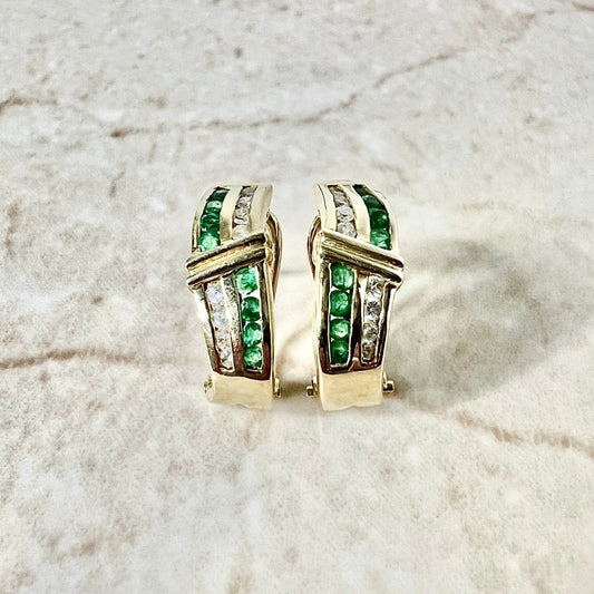 14K Vintage Diamond & Emerald Huggie Earrings - 2 Row Yellow Gold Emerald Earrings - Earclip Earrings - Birthday Gift - Best Gifts For Her