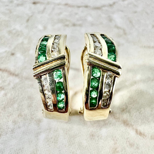 Vintage 14 Karat Yellow Gold Emerald & Diamond Huggie Earrings - WeilJewelry