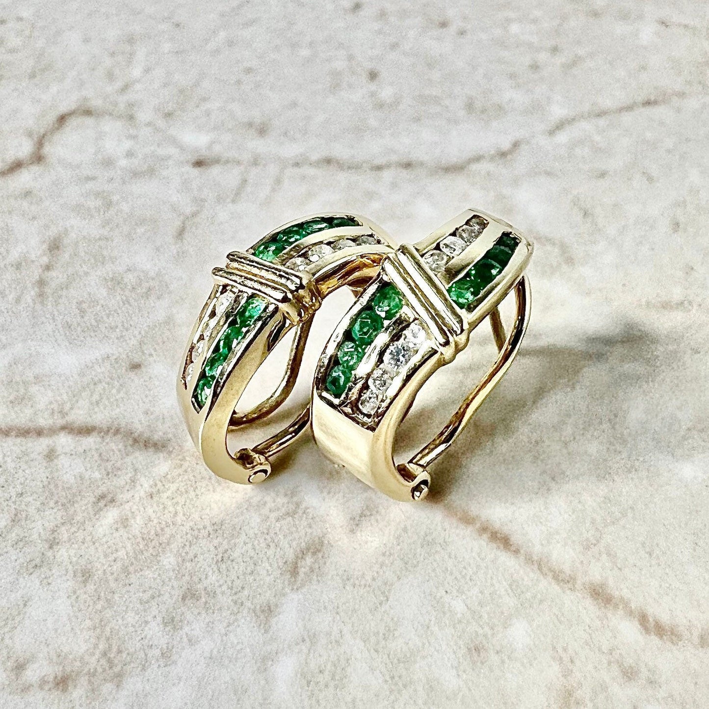 Vintage 14 Karat Yellow Gold Emerald & Diamond Huggie Earrings - WeilJewelry