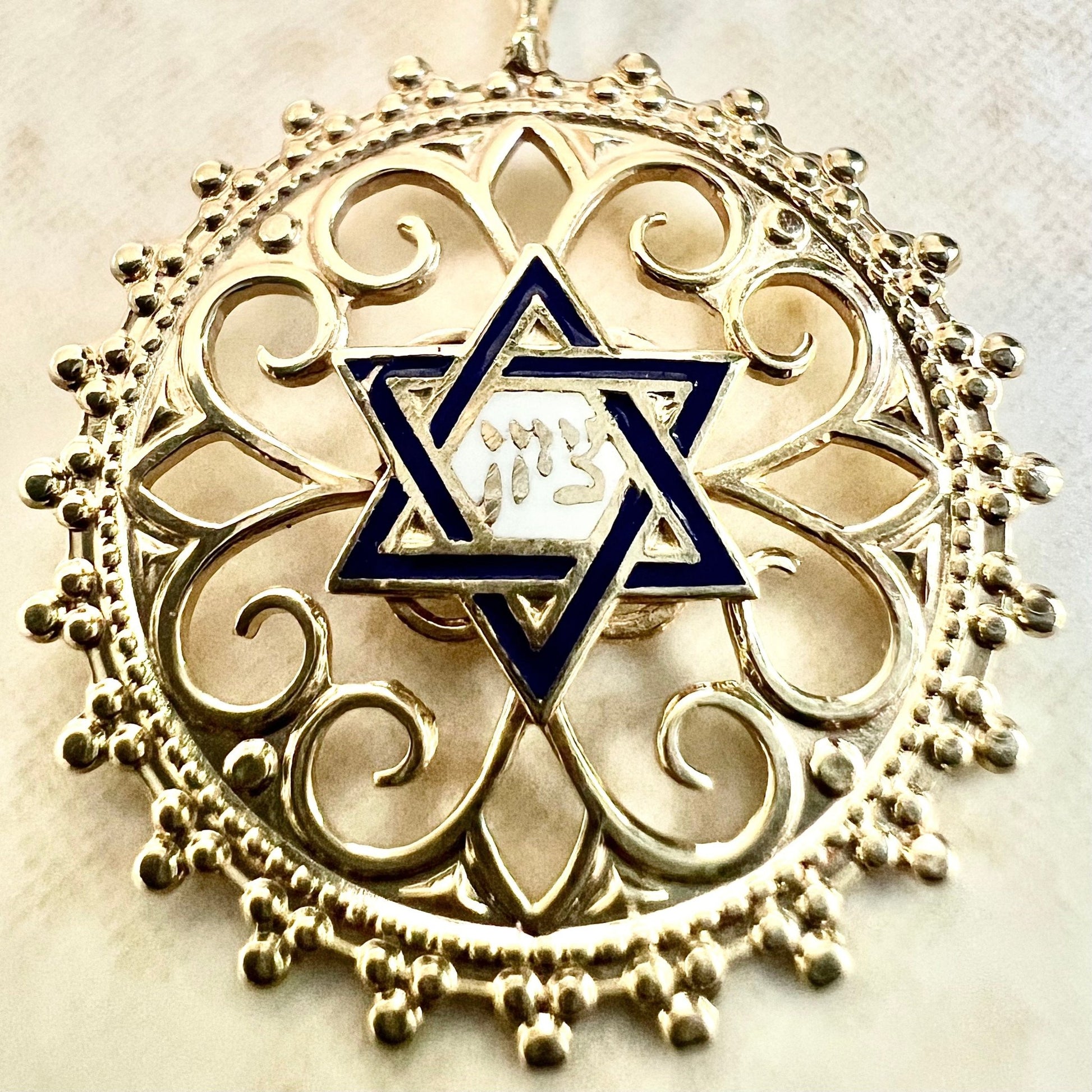 Vintage Enamel & 14K Yellow Gold Star Of David Pendant Necklace - 14K Yellow Gold Magen David - Jewish Necklace - Star Of David Necklace
