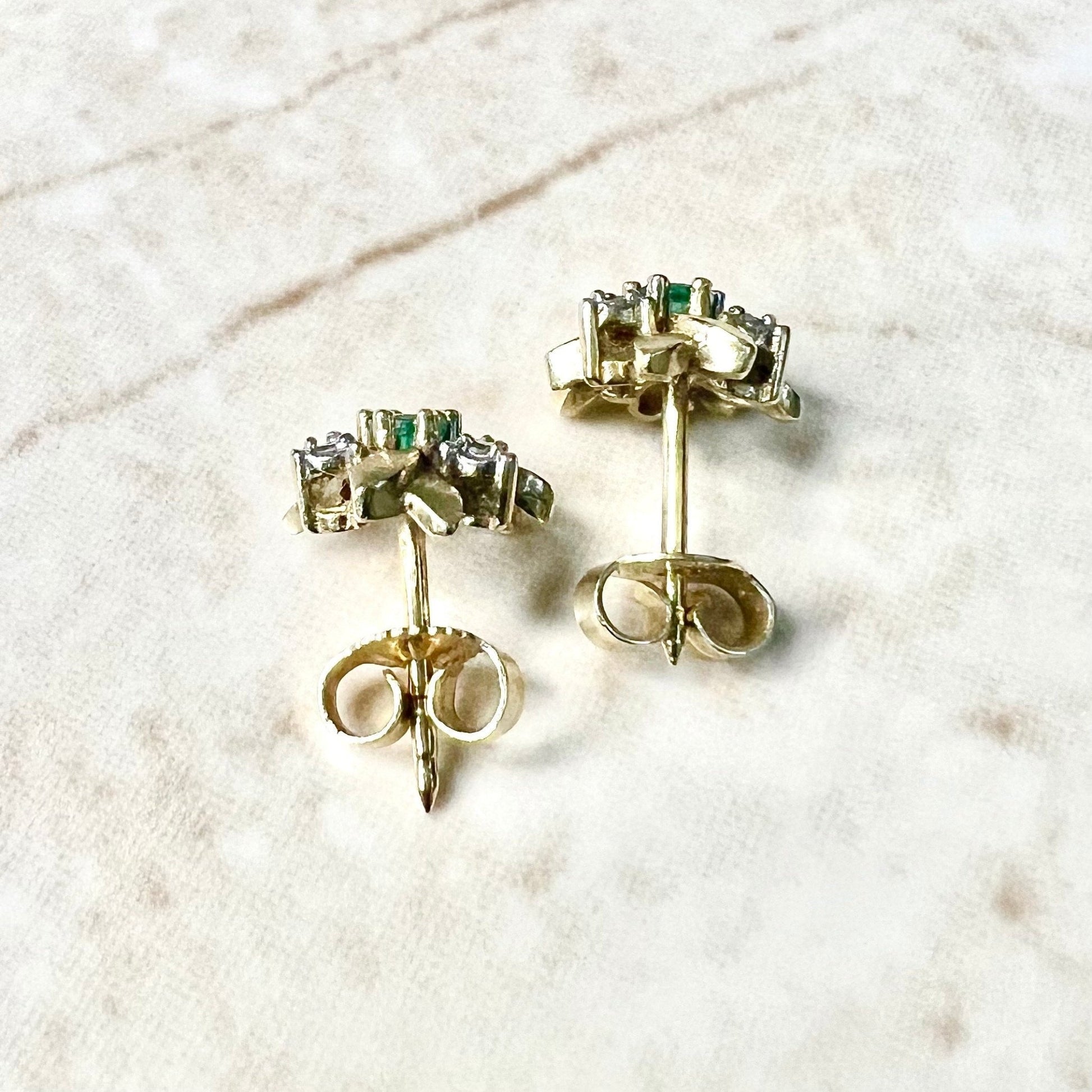 Vintage 14K Diamond & Emerald Stud Earrings - 14K Yellow Gold Emerald Studs - Emerald Flower Earrings - Emerald Earrings - Flower Studs
