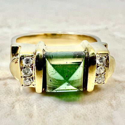 Vintage 18K Green Tourmaline & Diamond Cocktail Ring - Yellow Gold Tourmaline Ring - October Birthstone - Birthday Gift - Best Gift For Her
