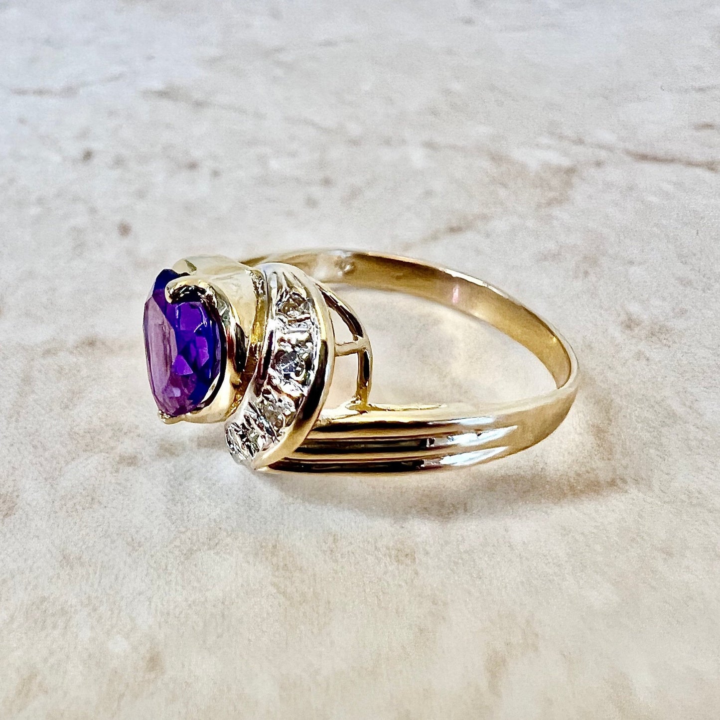 14K Amethyst & Diamond Heart Ring - Yellow Gold Amethyst Ring - Birthday Gift - February Birthstone - Best Valentine’s Day Gifts For Her