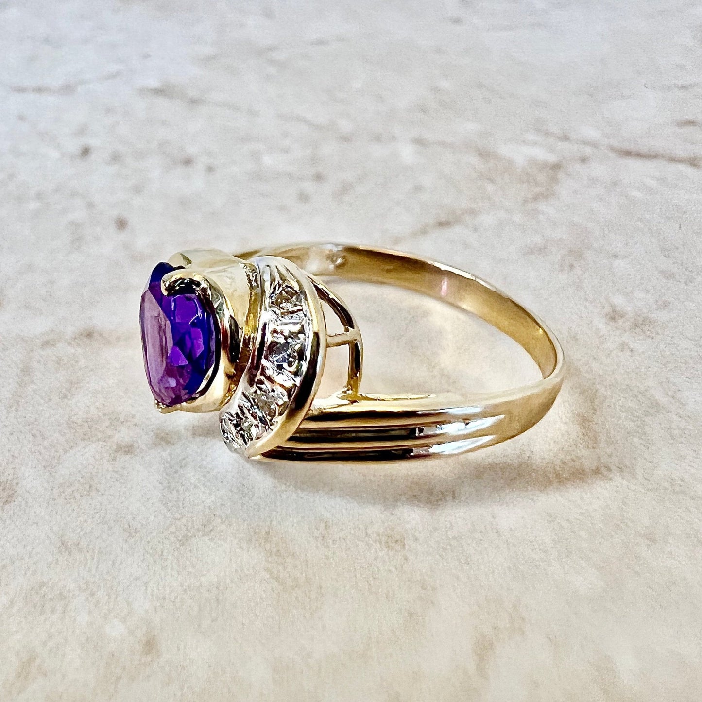 Vintage 14 Karat Yellow Gold Heart Shape Amethyst & Diamond Cocktail Ring - WeilJewelry