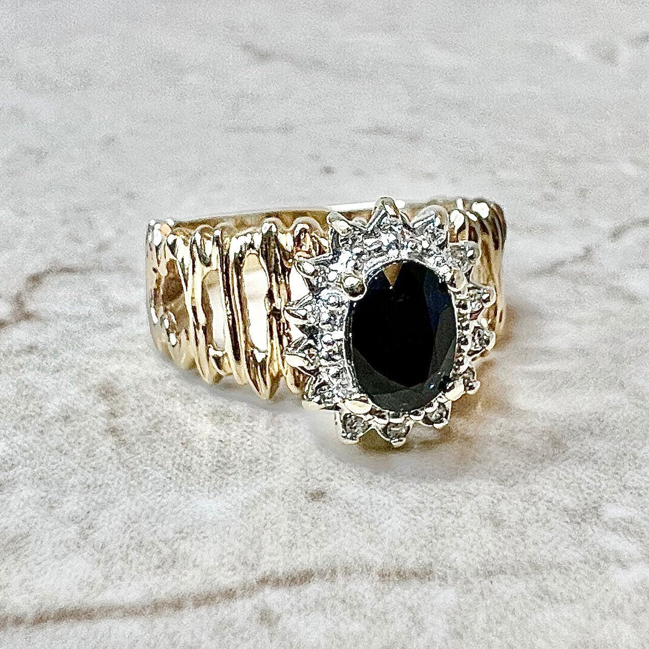 Vintage 14 Karat Yellow Gold Natural Dark Blue Sapphire & Diamond Halo Ring - WeilJewelry