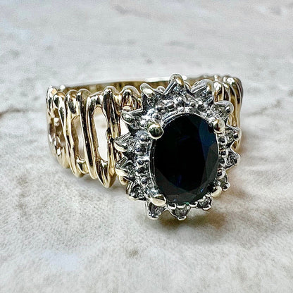 Vintage 14 Karat Yellow Gold Natural Dark Blue Sapphire & Diamond Halo Ring - WeilJewelry