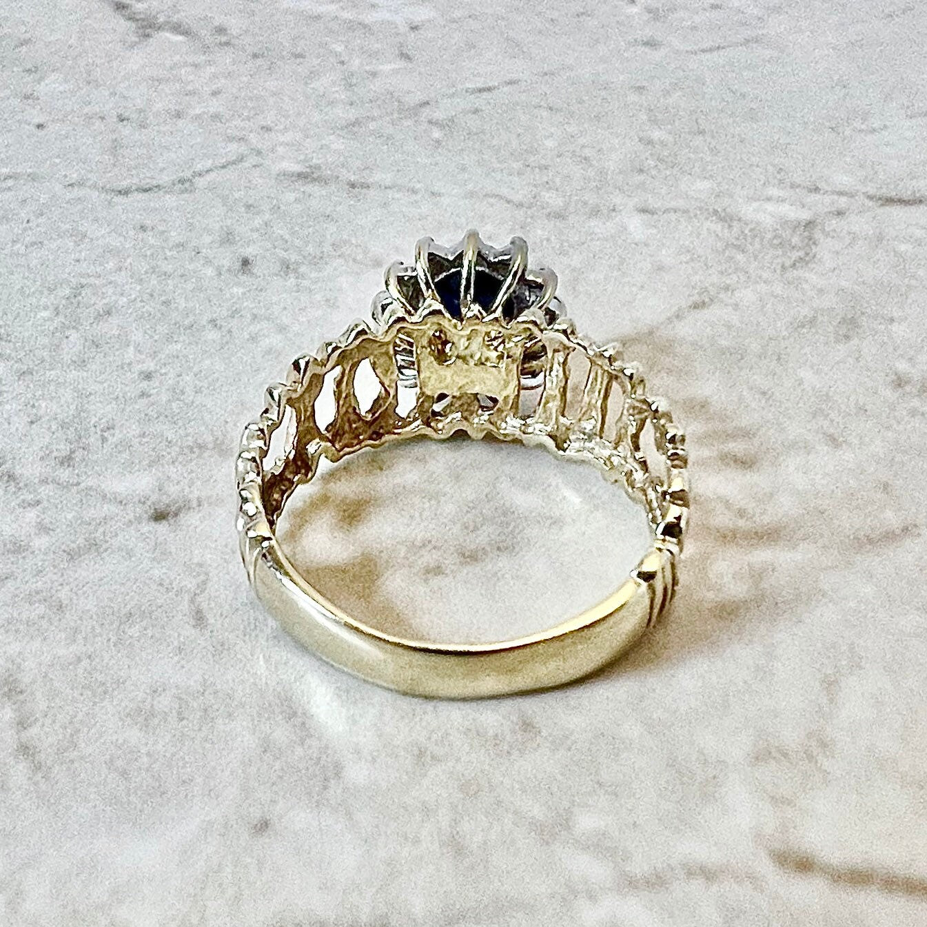 Vintage 14K Natural Sapphire & Diamond Cocktail Ring - Yellow And White Gold- April September Birthstone - Birthday Gift