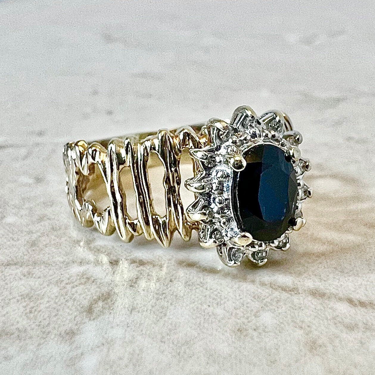 Vintage 14K Natural Sapphire & Diamond Cocktail Ring - Yellow And White Gold- April September Birthstone - Birthday Gift