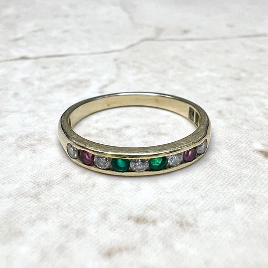 Vintage 14K Diamond, Ruby & Emerald Band Ring - Yellow Gold Diamond Band - Ruby Band - Birthstone Ring - Anniversary Ring - Gifts For Her