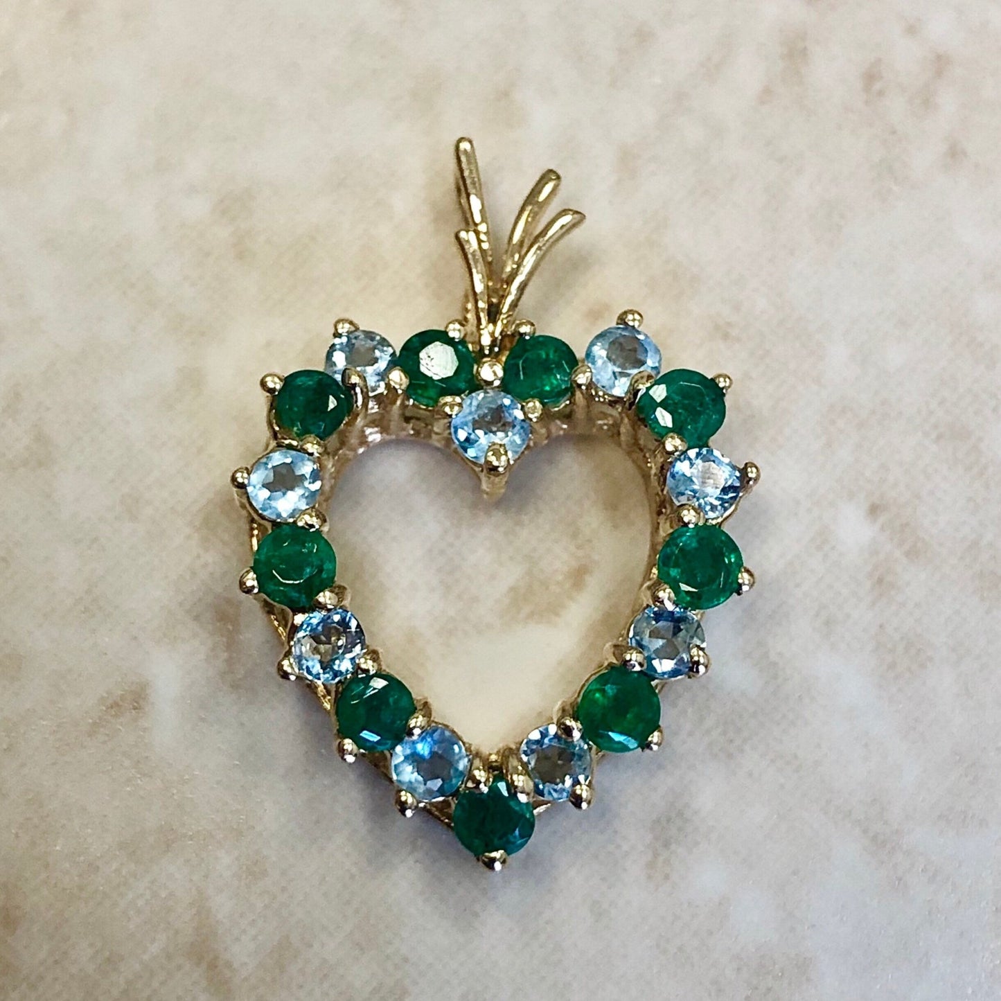 Fine Vintage Natural Emerald & Blue Topaz Heart Pendant - 14 Karat Yellow Gold - May/December Birthstone