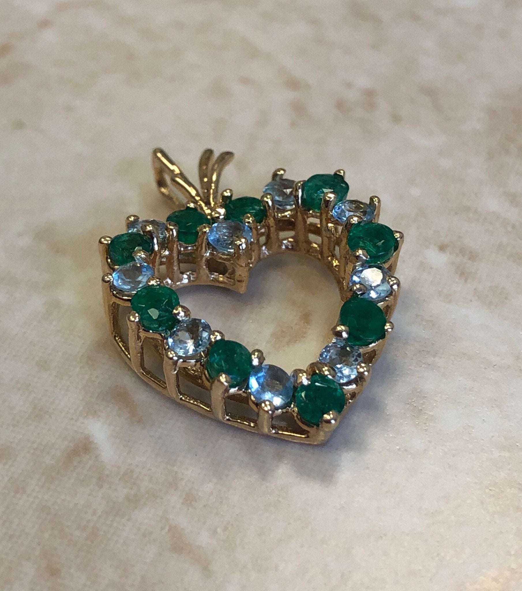 Fine Vintage Natural Emerald & Blue Topaz Heart Pendant - 14 Karat Yellow Gold - May/December Birthstone