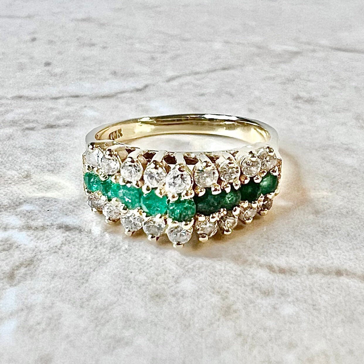 Vintage 14K Natural Emerald Band Ring - Yellow Gold Emerald Ring - Genuine Emerald Ring - Best Gifts For Her - April May Birthstone Gifts