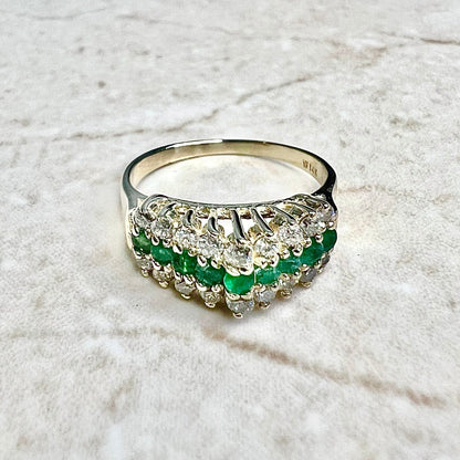 Vintage 14 Karat Yellow Gold Natural Emerald & Diamond Band Ring - Size 5.5 US / K 1/2 UK - WeilJewelry